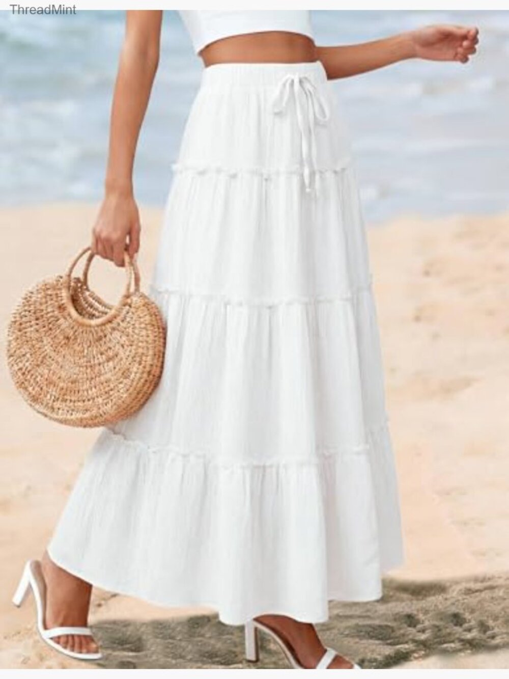 Boho Flowy Maxi Skirt Tiered Ruffle Elastic High Waisted - Picture 2 of 7